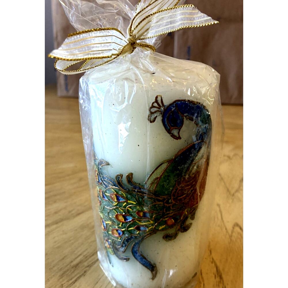 New PIER 1 Unscented PEACOCK PILLAR CANDLE 6" Colorful Cloisonne Gold Green VTG